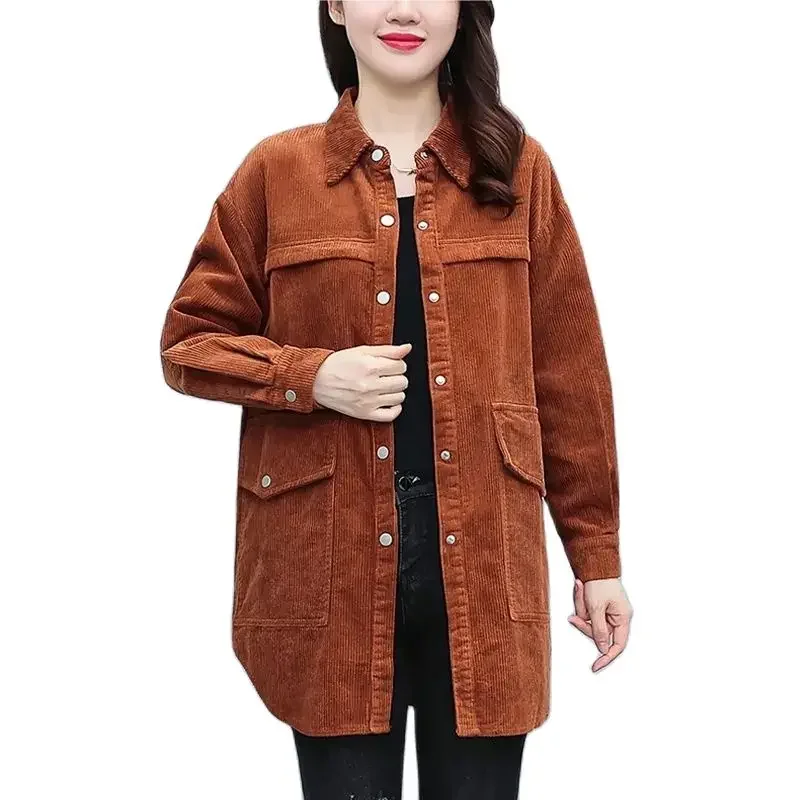 

Women Corduroy Mid-length Shirt Ladies Jacket Spring Autumn 2023 New Single-Breasted Fashion Loose Lapel Female Trench Coat Tops