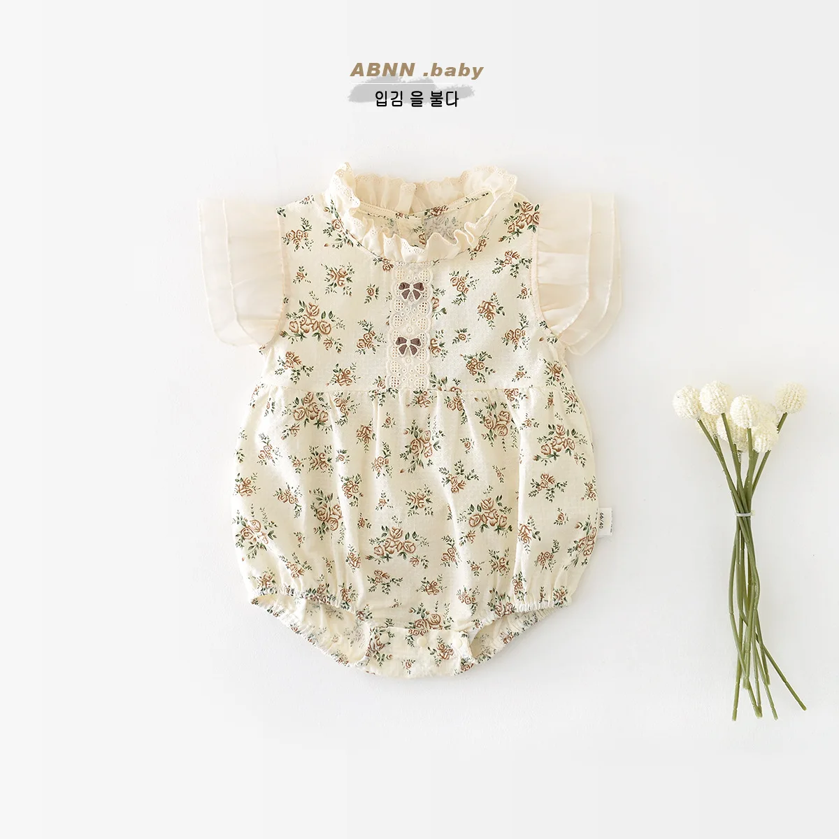 

2024 Korean Summer Newborn Girl Jumpsuit Floral Print Stringy Selvedge Flying Sleeve Baby Girls Romper Thin Infant Girl Bodysuit