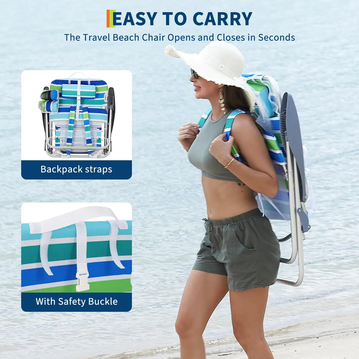 Portable Backpack Beach Chair 2 Pack 5 Reclining Positions Folding Outdoor Lounge w/Backpack Straps,Cup Holder for Camping Beach — view 6