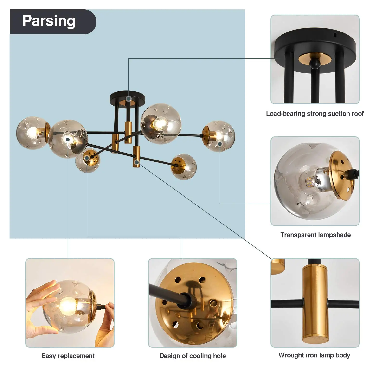 Modern Glass 6/8-Light Chandelier Pendant Light for Living Room Bedroom Dining Room Kitchen Hallway Ceiling Fixture LED Lights