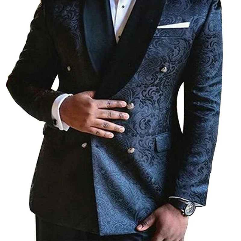 Double Breasted floral Men Suits for Wedding Slim Fit Navy Blue Groom Tuxedos 2 Pcs Set Jacket with Pants Male Fashoin Clothes mens suit