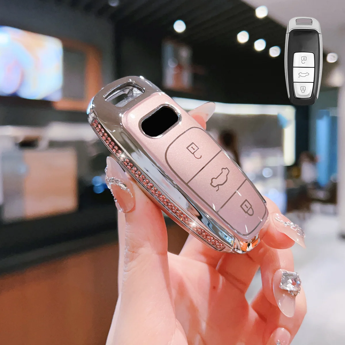 아우디 A6 A6L A7 A8 A8L A3 E-tron 55 Q7 Q8 C8 2019 2020 2021 리모트 스마트 자동차 키 케이스 커버 폴더블 다이아몬드 핑크 TPU