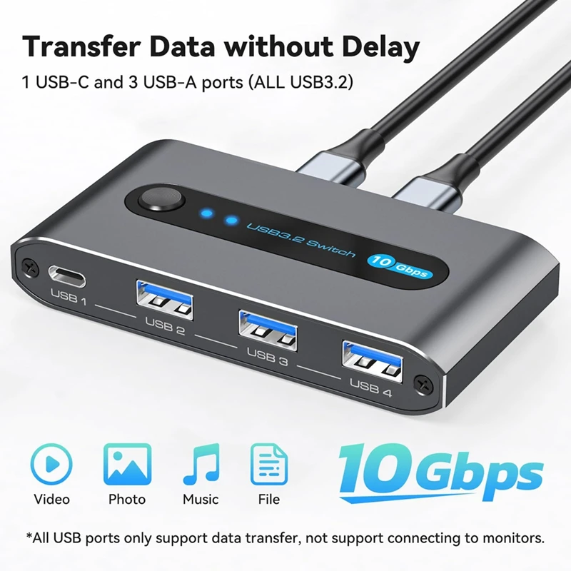 【플래시&딜】{10Gbps USB 3.2 스위치 USB C 스위치, PC 노트북 공유 키보드 마우스용 4포트 USB 스위처 USB C 입력 지원