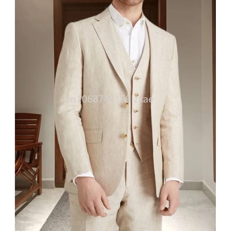

Beige Men Suits Notch Lapel Single Breasted Luxury 3 Piece Linen Suit Casual Costume Homme Slim Fit Elegant Terno Custom