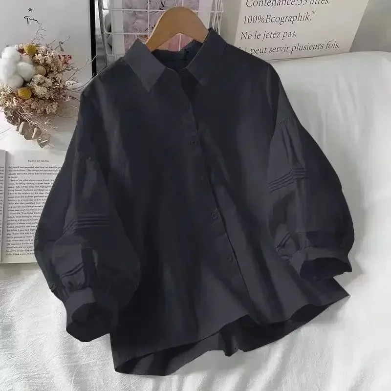 2024 Puff Sleeve Shirts Women White Turn Down Collar Preppy Sense of Design Chic Female Tops Korean Fashion Simple Summer Blouse