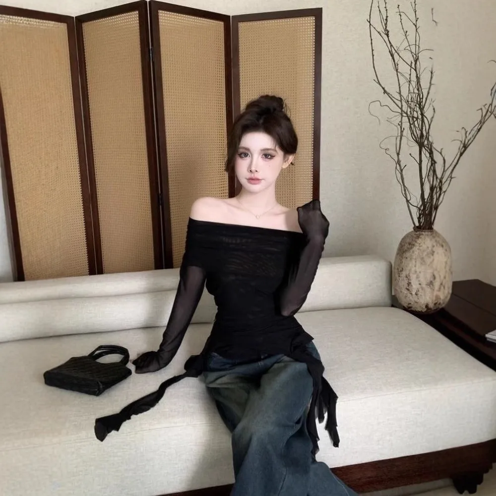 Streetwear Jellyfish Mesh Belt T-Shirt Elf Long Sleeve Off Shoulder Collar Slim Fit Crop Tops Korean Y2K Ins Transparent