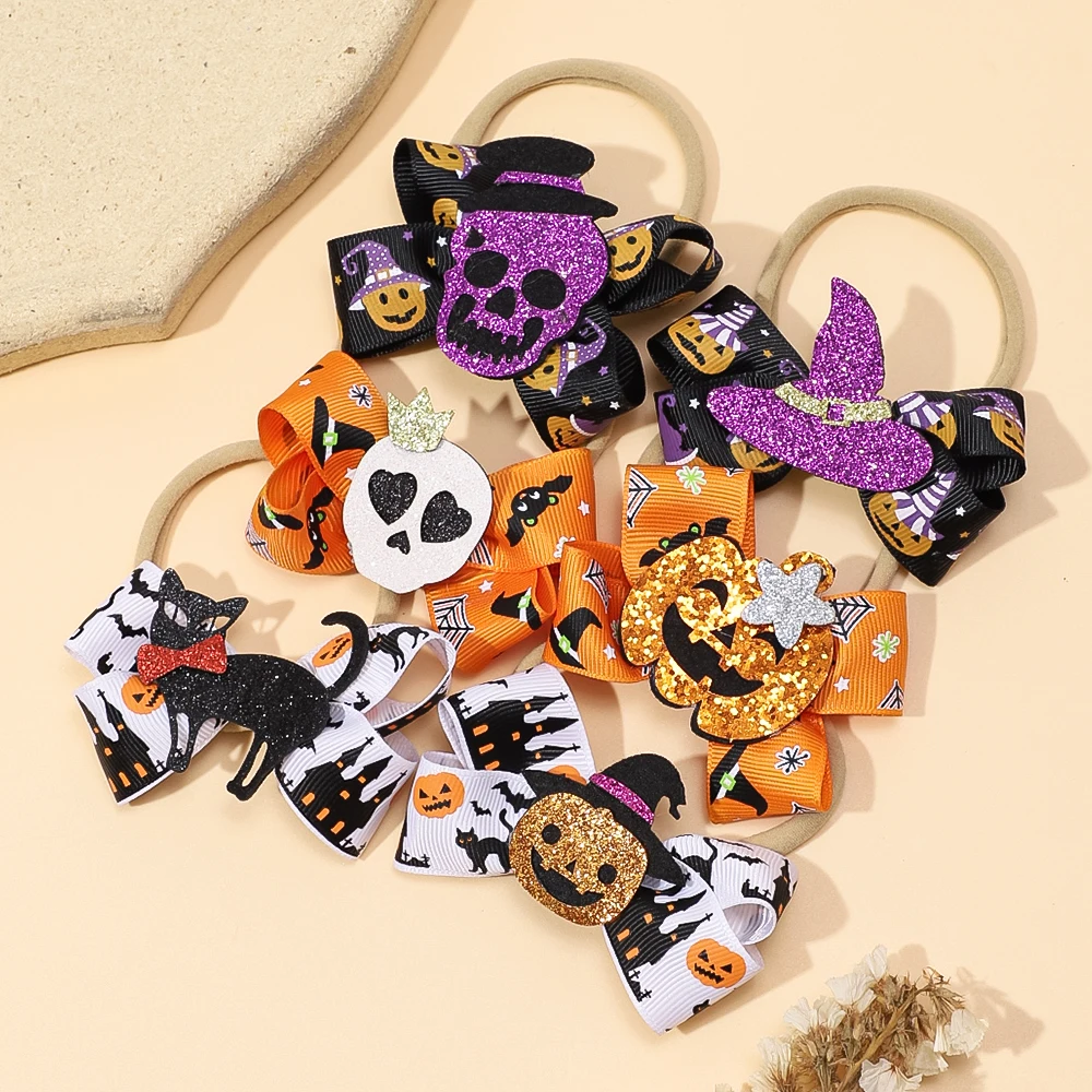 

36pc/lot Baby Girls Glitter Pumpkin Bow Nylon Headbands Skeleton Skull Prints Headband for Kid Girls Halloween Hair Accessories