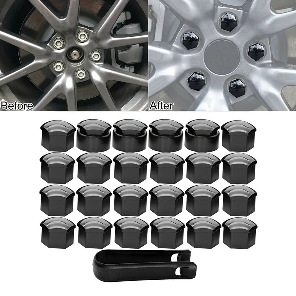 20pcs 17mm Standard Cap + 4pcs 23mm Locking Cap + 1x Removal Tool Black Plastic Wheel Nut Cap 16mmx17mm &17mmx23mm Nuts & Bolts