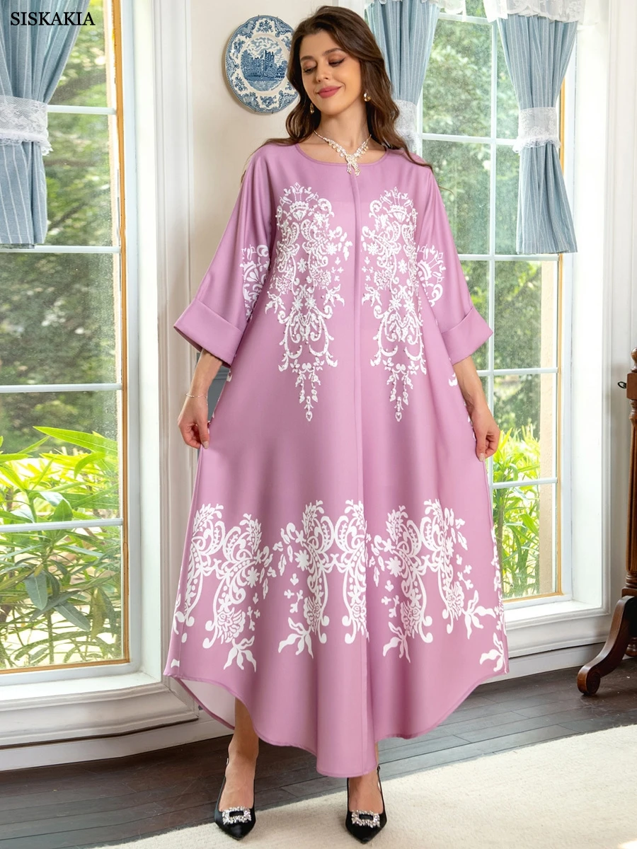 

Siskakia Arab Long Dress for Women Elegant Ethnic Print Beaded Muslim Moroccan Jalabiya Corban Eid Al Adha Party Evening Dresses