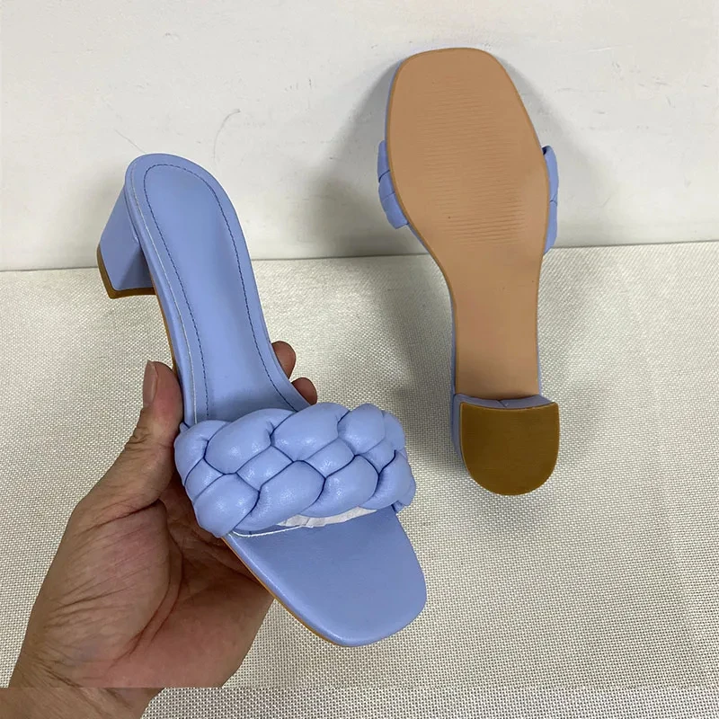 Square Low Heel Woman Sandals Summer Weave Designer Open Toe Fashion Mid Heels Leather Casual Outside Lady Beach Shoes