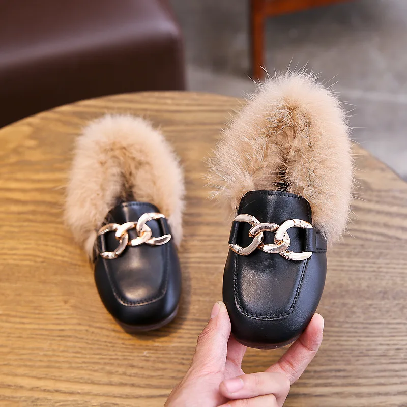 JGSHOWKITO Kids Leather Shoes Autumn Winter Girls Flats With Thick Cotton Warm Children Boy Black Loafers Fashion Hairy Fur