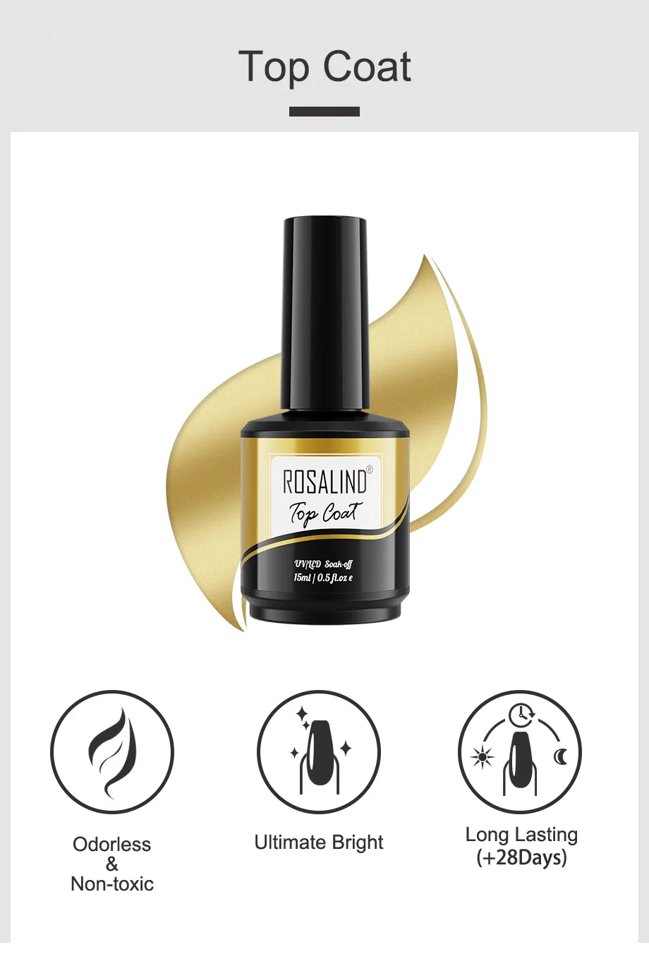 ROSALIND 15ml Top Coat Gel Polish UV LED Lamp Soak Off Top Coat Long Lasting Nail Art Decorations Gel Nail Polish 2