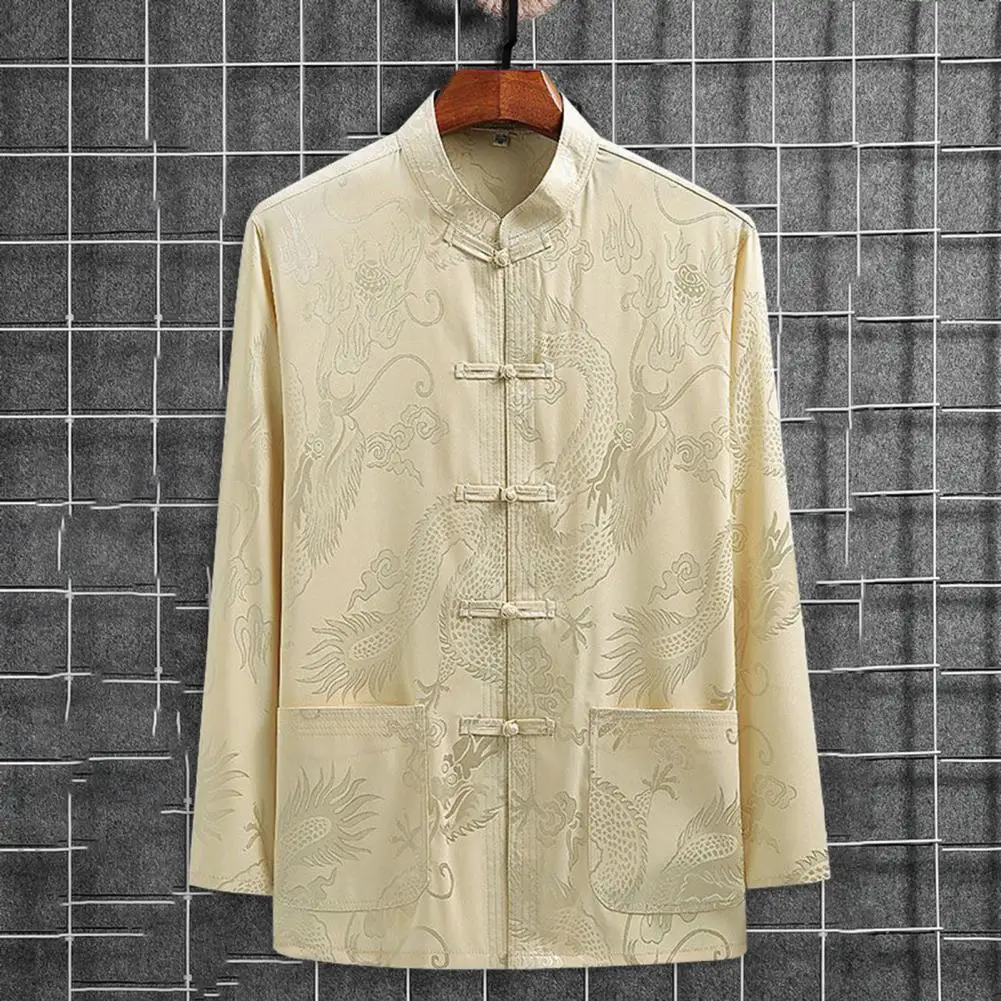 

New Year Chinese Traditional Men Tang Suit Shirt Stand Collar Long Sleeve Dragon Print Shirt Pockets Design Tai Chi Tops for Men