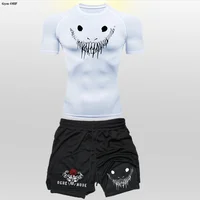 Anime drôle visage 2 en 1 Shorts t-shirt costumes hommes Fitness respirant seconde peau Compression chemises ensembles gymnase Double pont Shorts 4