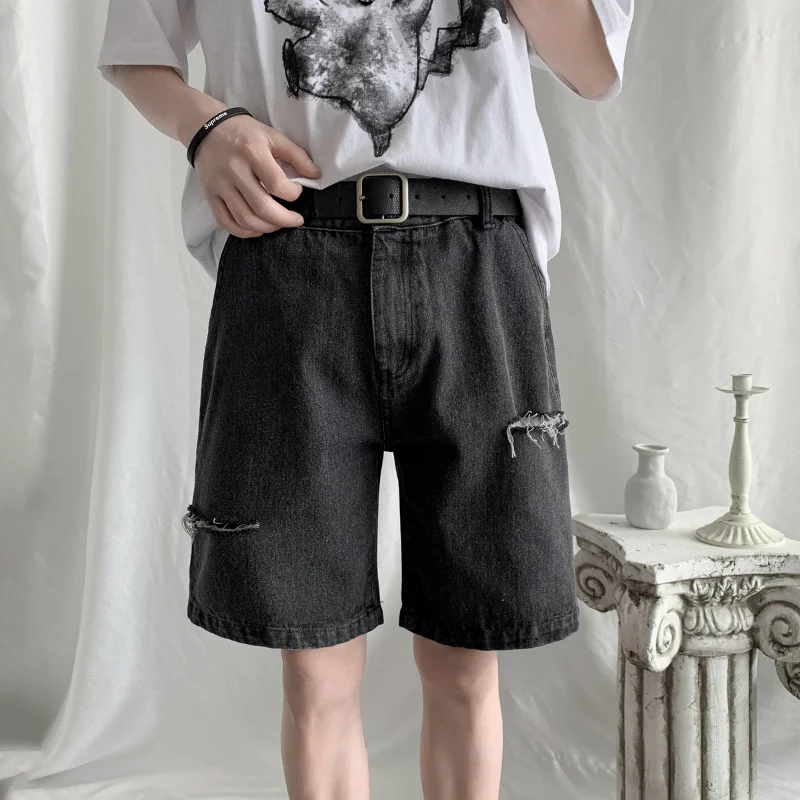 CUMUKKIYP Summer Men's Straight Denim Short Pants  Korean Fashion Casual Hole Baggy Youths Ripped Jeans Shorts