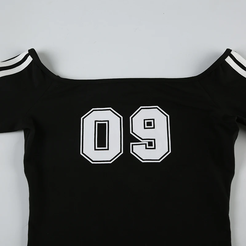 Fashion Contrast Digital Print Long Sleeve T-shirt Off Shoulder Black Y2K Side Striped Crop Top Harajuku Korean Style