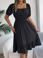 Spring Summer Elegant High Waisted Dress Square Neck Short Sleeved Ruffled Edge Long Dresses 2026 Valentine's Day Woman Clothing - Image 6
