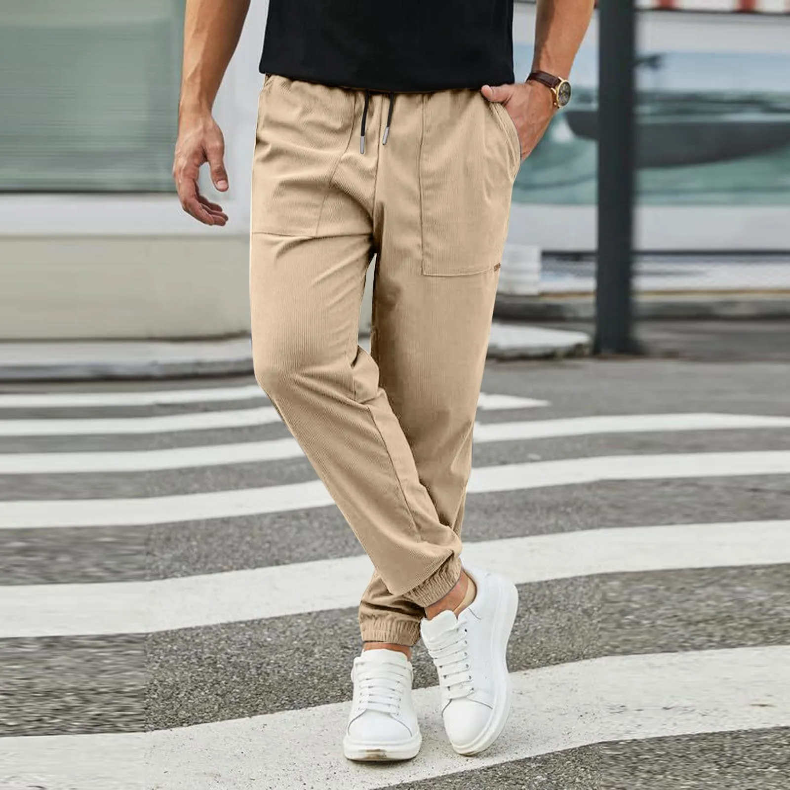 

Male Corduroy Joggers Pants Casual Cargo Pants Drawstring Elastic Waist Baggy Tapered Sweatpants Sweatpants Trousers outfits