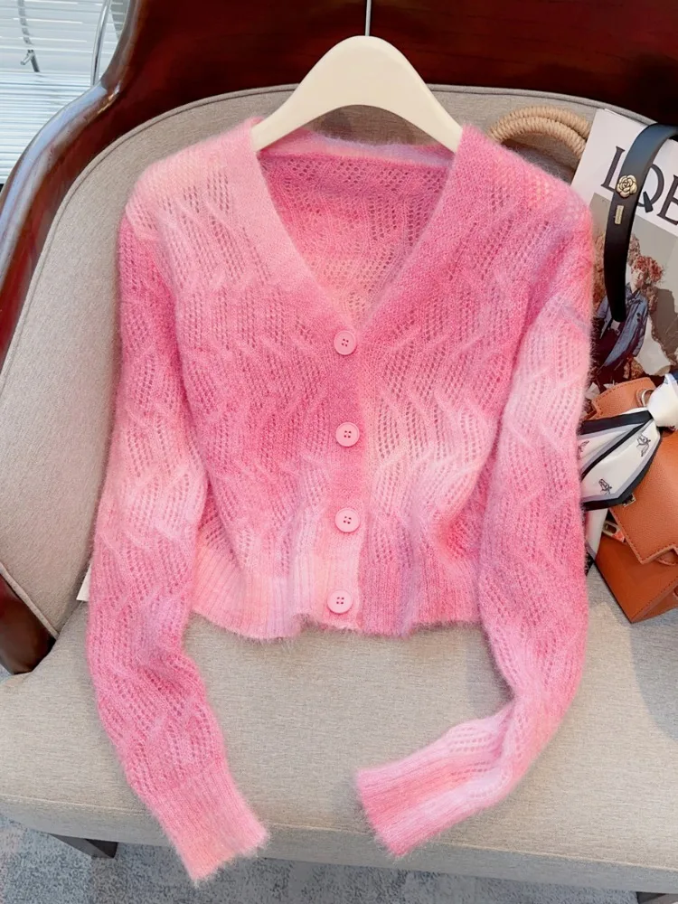 

Gentle Fairy, Fashionable, Reduced Age, Pink Halo Dyed, Thin Sweater, Knitted Women's Autumn/Winter Loose Short Cardigan Top