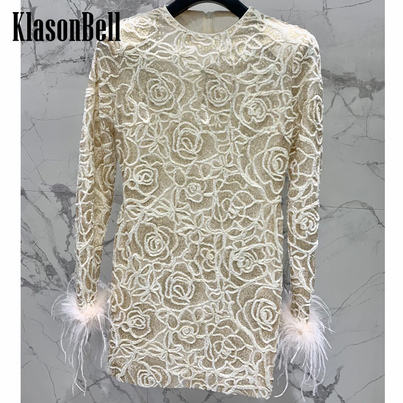 

12.20 KlasonBell Fashion Rose Fleece Cloth Embroidery Sequins Print O-Neck Slim Cuff Feather Elegant Banquet Mini Dress Women