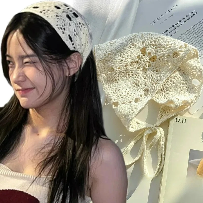 Lace Hollow Out Triangle Hair Scarf Headband Women Girls Cotton Knitted Flower Headbands Summer Travel Literary Photo Headwear
