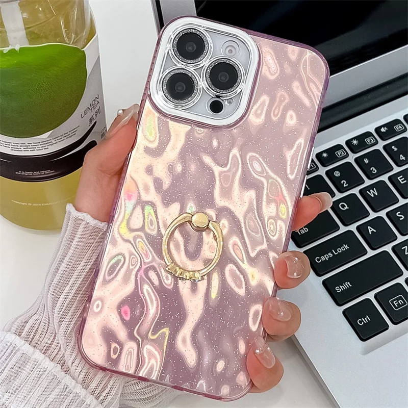 Étui de téléphone pliable avec anneau en aluminium pour iPhone 16 Plus 15 14 13 Pro Max, protection de caméra à paillettes, coque arrière rigide antichoc en PC_voghion.com