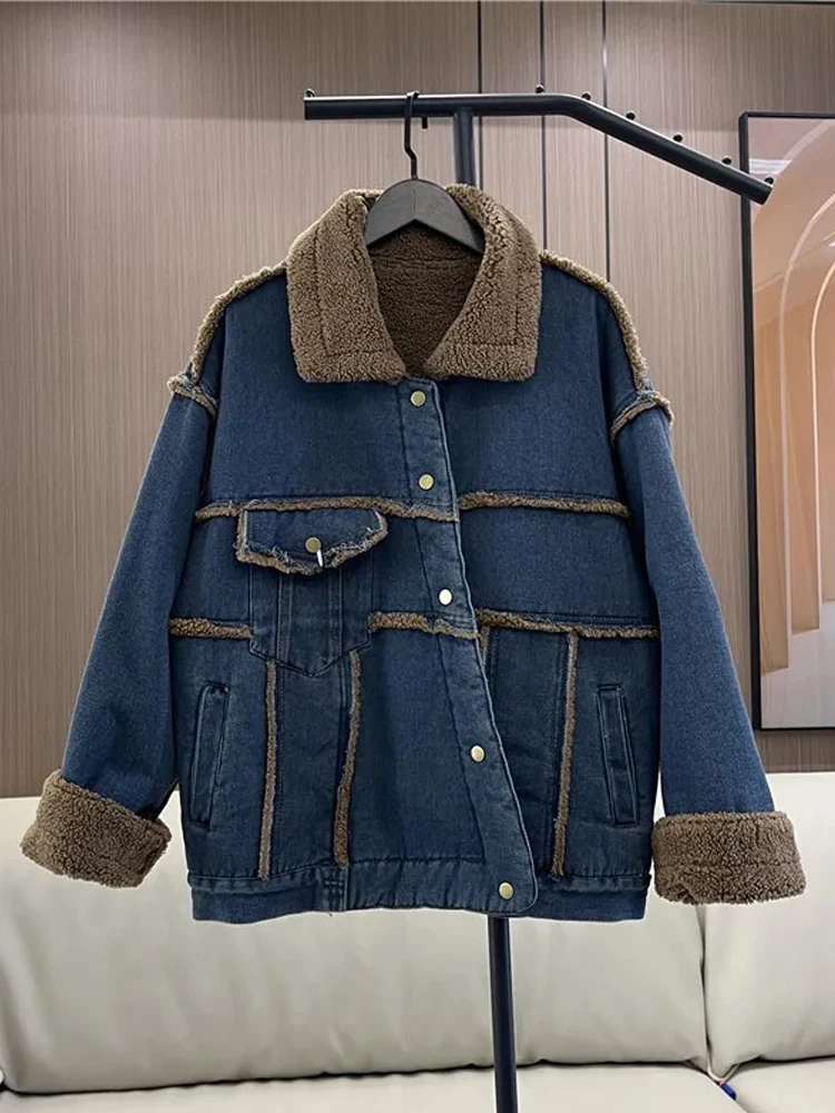 

Lambswool Thickened Patchwork Denim Coat Women's Autumn And Winter New Personality Warm Casual Jacket Streetwear Cotton Clothes
