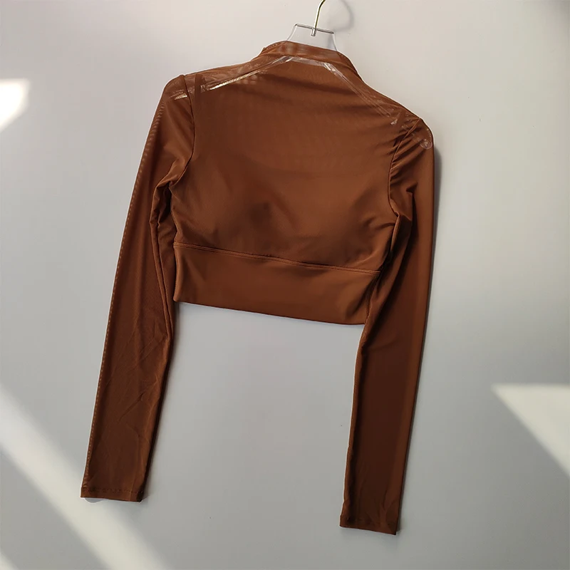 thumbnail image 1 of Camisola de malla Sexy para mujer, traje de Yoga, Sujetador deportivo de manga larga con almohadilla para el pecho, ropa interior para correr, capa inferior, Top de Fitness, 1 of 6