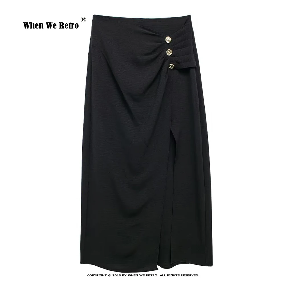 

Solid Black Midi Long Skirt High Waist Folds Front Side Split Metal Buttons Decoration Summer Skirts Office Lady Skirt RS681