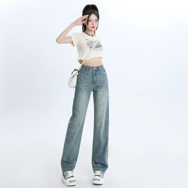 

New Arrival Korean Reviews Many Clothes Fashion Denim Wide Leg Pants Casual Women's High Waisted Loose Straight Women Clothing