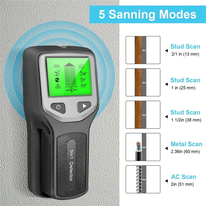 5-In-1 Studs Metal Detector Wall Scanner AC Wood Finder Cable Wires Depth Tracker Electric Box Finder Wall Detector Reusable B