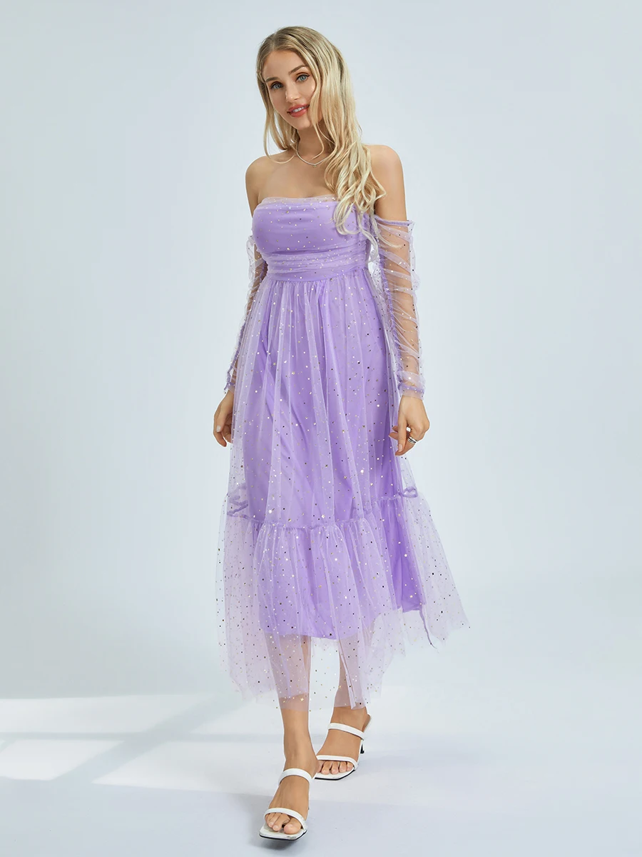 Women Long Evening Gown Dress Sequins Boat Neck Off Shoulder Long Sleeve Cocktail Dress Mesh Backless Party A-line Dress