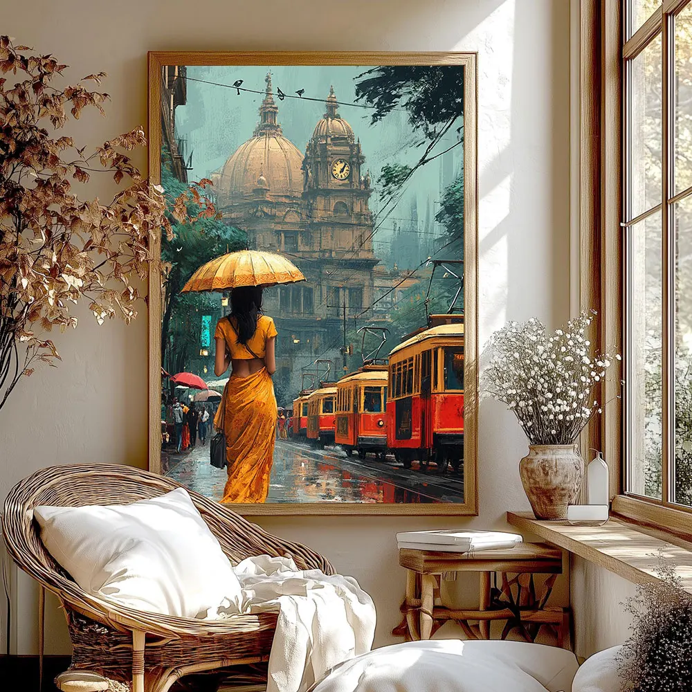 פוסטר ציור קנבס עם תמונת סצנת רחוב קולקאטה של עיר הודו לחדר השינה, ללימודים, לסטודיו ולסלון בבית