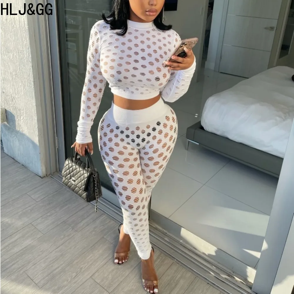 HLJ&GG Casual Hollow Out Hole Skinny Pants Two Piece Sets Women Round Neck Long Sleeve Crop Top And Pants Outfits Female Clothes