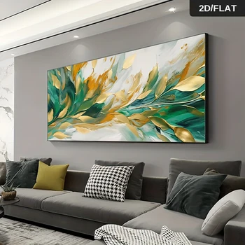 Nordic Green Golden Leaf Art Canvas