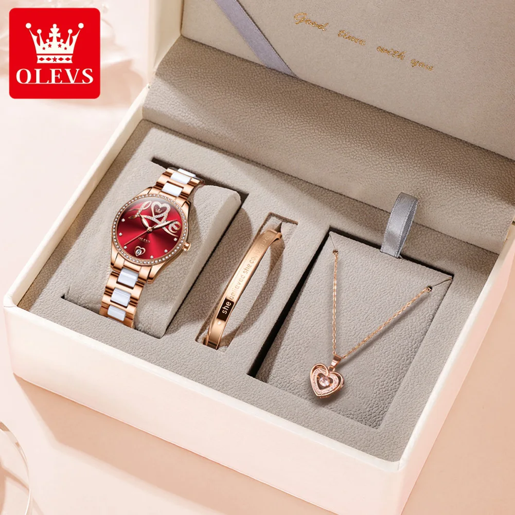 

OLEVS Original Automatic Mechanical Watch for Women Elegant Ceramics Strap Fashion Diamond "LOVE" Pattern Ladies Wristwatch New