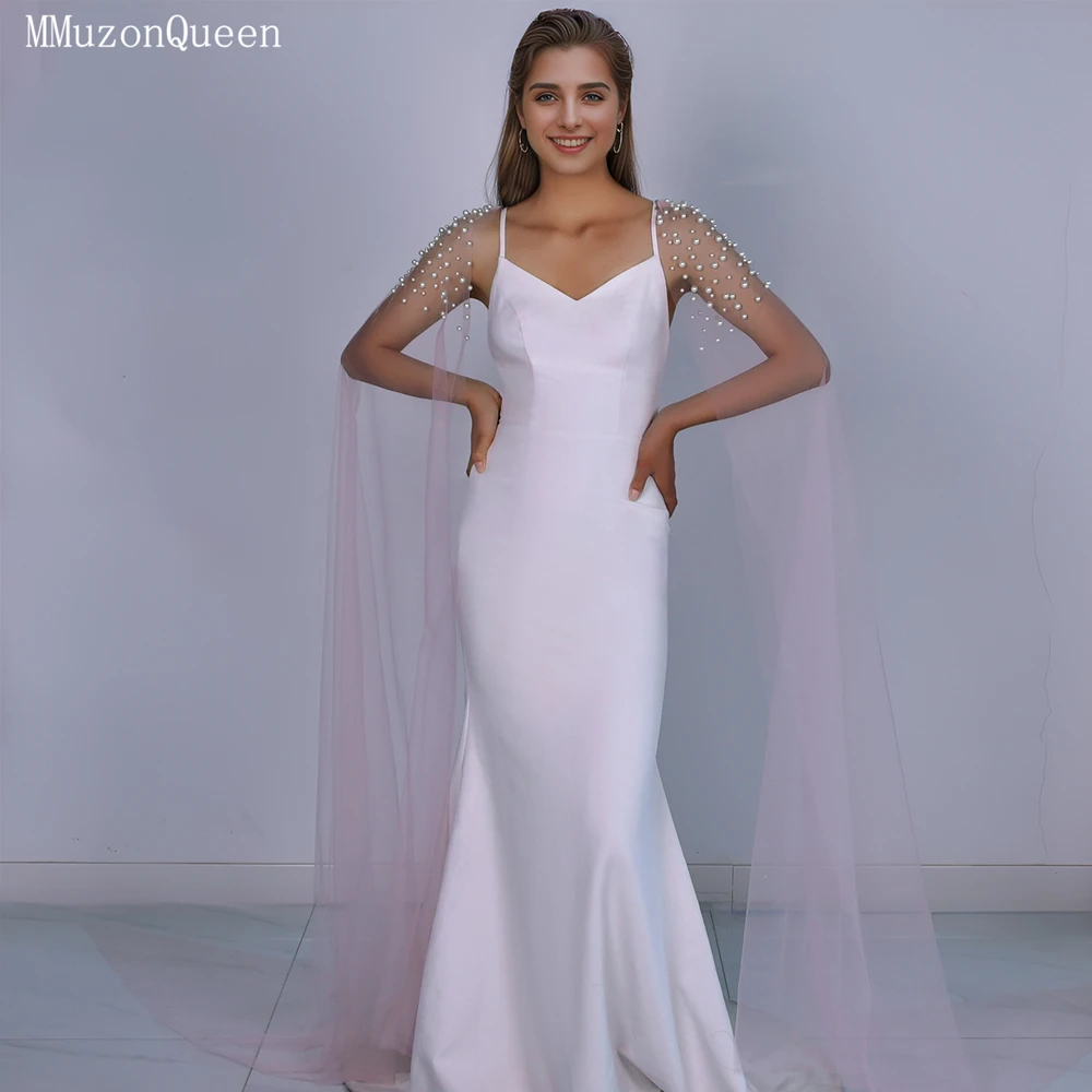 TOPQUEEN Luxuriöser Brautcape für Damen mit langer Schleppe und Perlenverzierung, einlagiger transparenter Netzschal MG42-L – Detail 11