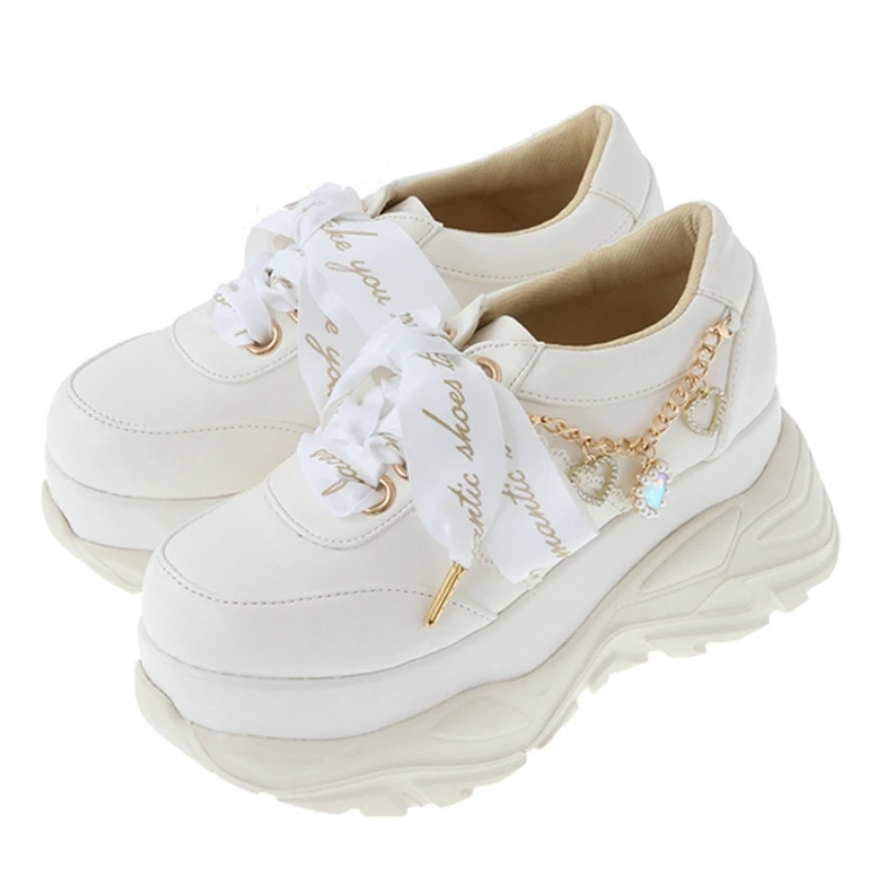 Japanese Sweet Solid Color Rhinestones Chain Cross Strap Sneaker Spring Autumn Sweet Cute Round Toe Thick Bottom Female Sneakers
