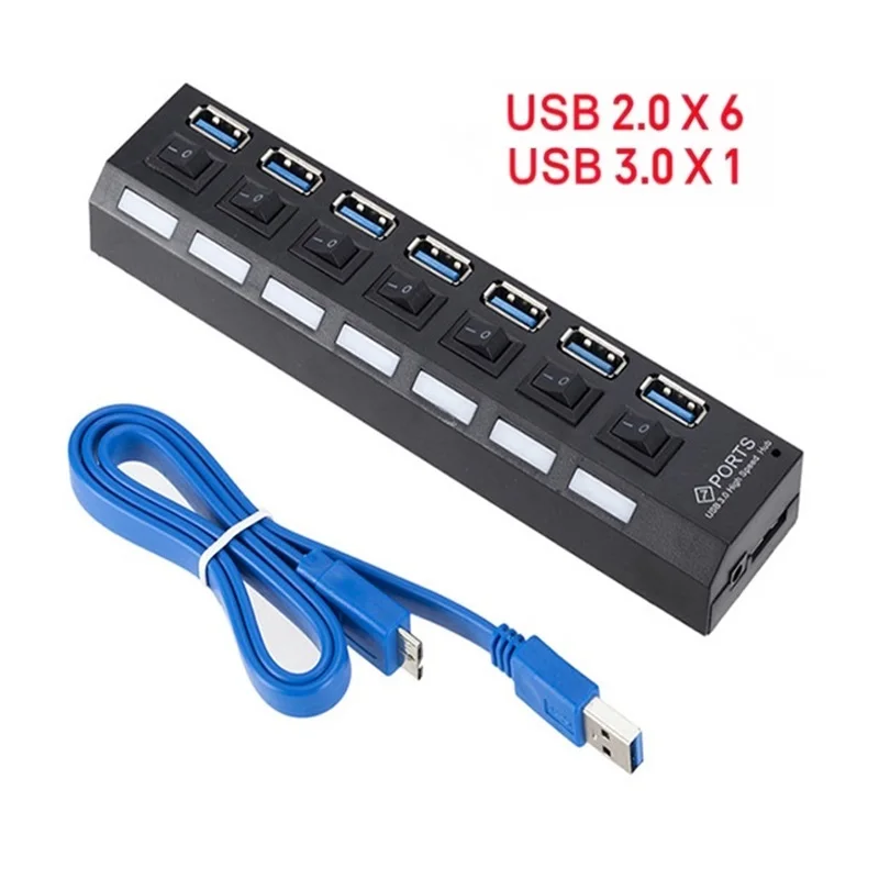 High-Speed USB 3.0 Hub with 4 or 7 Ports and External Power Adapter
