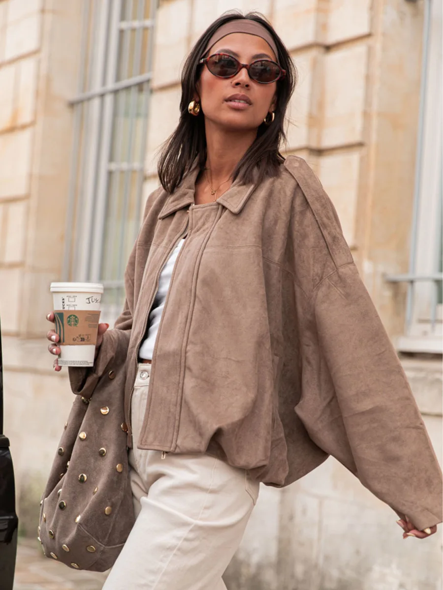 Bornladies Suede Zipper Short Jacket  Women's Autumn Winter New Ins  Style Retro Jacket Loose Casual  Fashion Coat