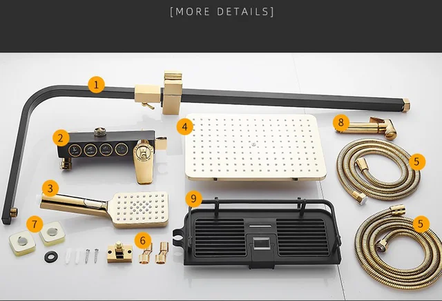 ก๊อกน้ำอ่างอาบน้ำ IProSan แบบร้อนเย็น ก๊อกน้ำห้องน้ำแบบเทอร์โมสตัท รูปทรงสี่เหลี่ยม สีดำทอง ชุดฝักบัวอาบน้ำ รุ่น 8272-1 3