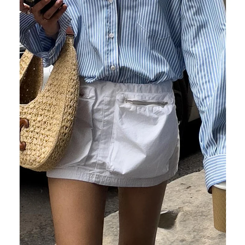 

ASDS Women's New American Street Summer Overalls Double Zipper Pocket Elastic Waist High Waist DisplayAWord Skirt Skirt