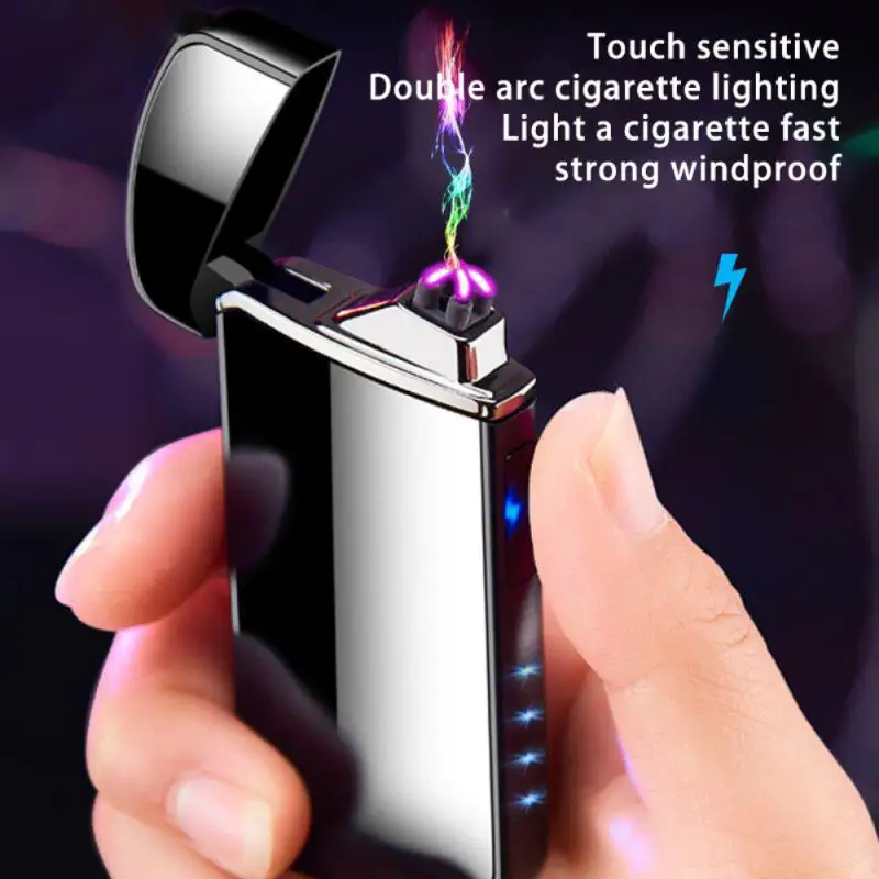 Hot Electric Windproof Metal Lighter Double Arc Flameless Plasma Rechargeable USB Lighter LED Power Display Touch Sensor