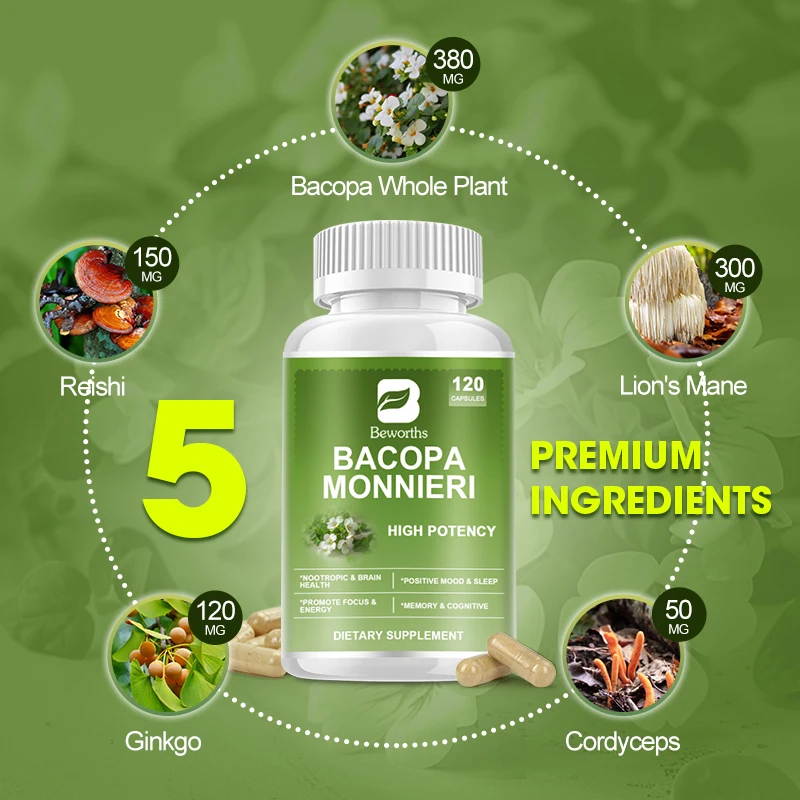 Energy Booster Lions Mane Mushroom Capsules BEWORTHS Bacopa Monnieri Capsule Boosts Brain Health Supports Performance Cognition and Focus Enhances Energy and Stamina