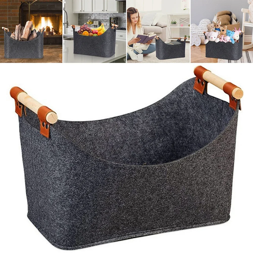 45 X 32 X 40 Cm 57 L Firewood Box Felt Basket with Wooden Handles Large Capacity Foldable Wood Basket for Fireplace & Wood Stove 3