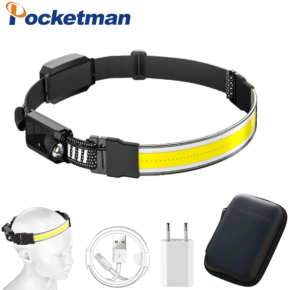 

COB LED Headlamp 270° Wide Angle 5 Lighting Modes Headlight Weatherproof with Built-in Battery USB Rechargeable Flashlight Work