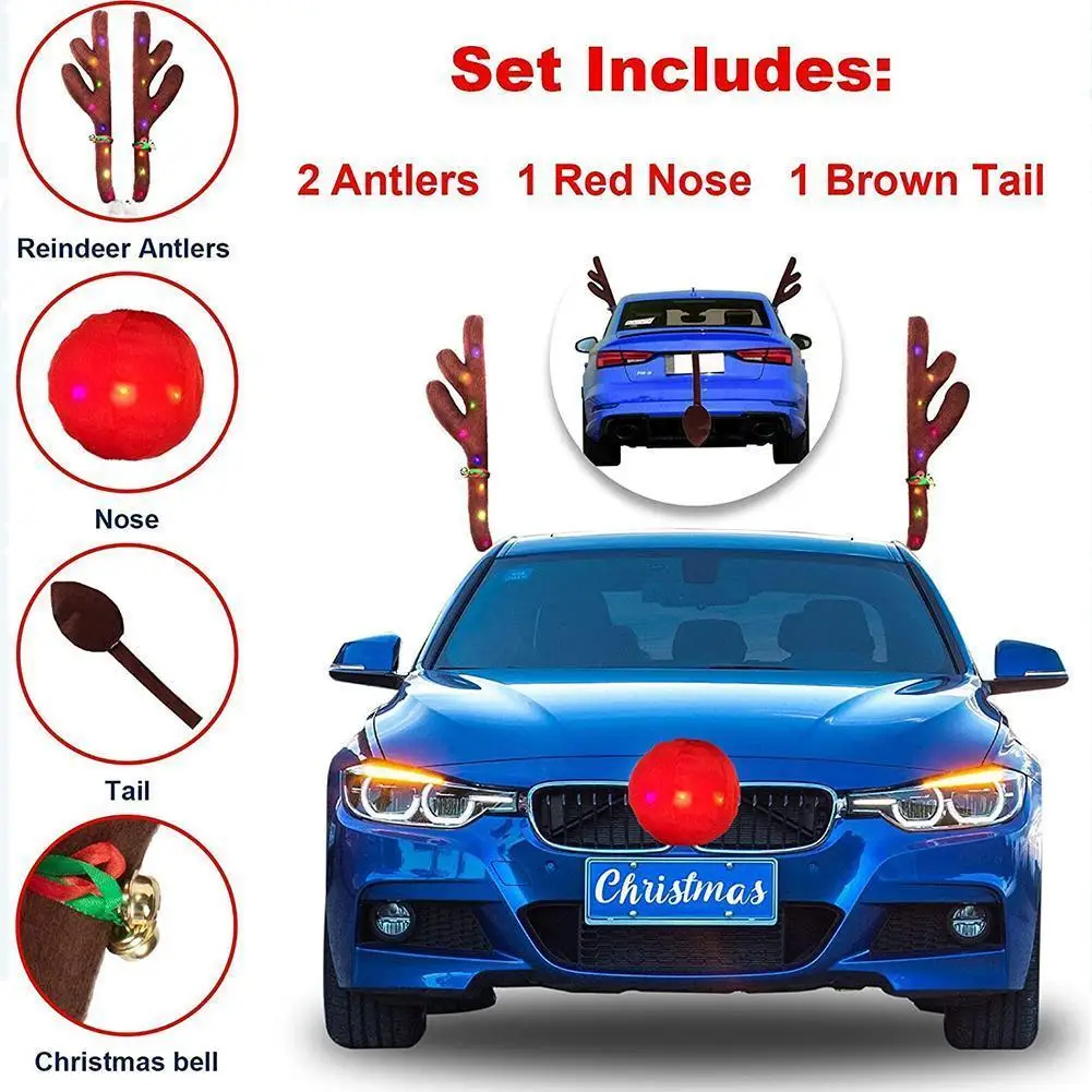 Rentier Auto Kit Weihnachten Rentier Geweih Und Nase Fahrzeug Kostüm Leucht Auto  Rentier Geweih Mit Nase Schwanz Auto Urlaub - AliExpress