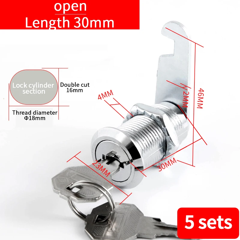 Lock com 2 chaves, Mailbox Lock, Gaveta Cam Lock, 18mm, 5 conjuntos
