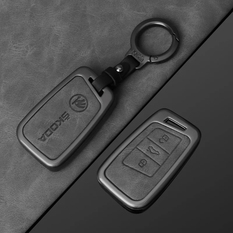 Leather Zinc Alloy Car Smart Remote Key Case key case key case cover car key shell remote control case cover Full Cover Protector Shell Fob For Skoda Kodiaq Superb A7 Auto Keychain Accessories