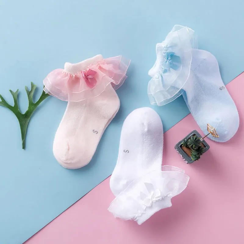  여아용 캐주얼 양말, 귀여운 러플 레이스, 편안한 얇은 섹션 메쉬 활 매듭, 공주 의류 액세서리, 1-9T